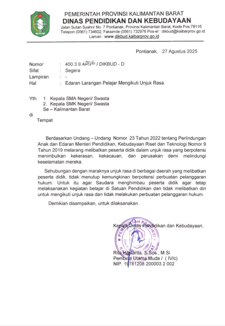 EDARAN untuk Pelajar agar tidak mengikuti Unjuk Rasa!